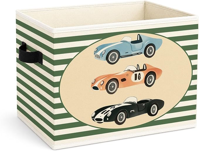 Vintage Race Car Green Stripe Foldable Fabric Storage Bin for Kids Room | Vintage sports car and green stripe design; collapsible bin for organizing toys, books, clothes in kids room or nursery.