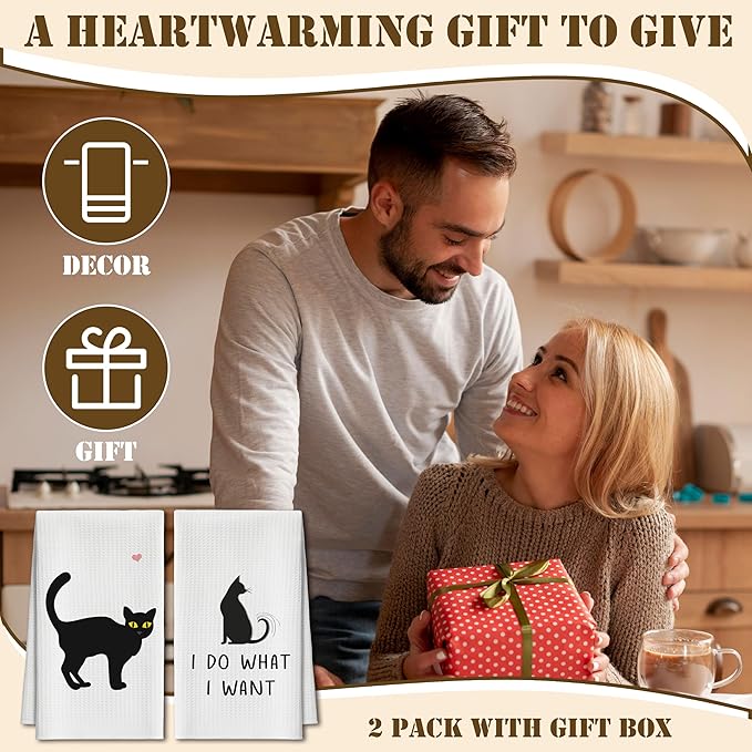 Kitchen Towels Set of 2, Black Cat Dish Towel for Kitchen, Decorative Hand Towels for Bathroom, Fast Drying Tea Towel with Funny Sayings, Housewarming Gifts for Cat Lover Women Mom -B05
