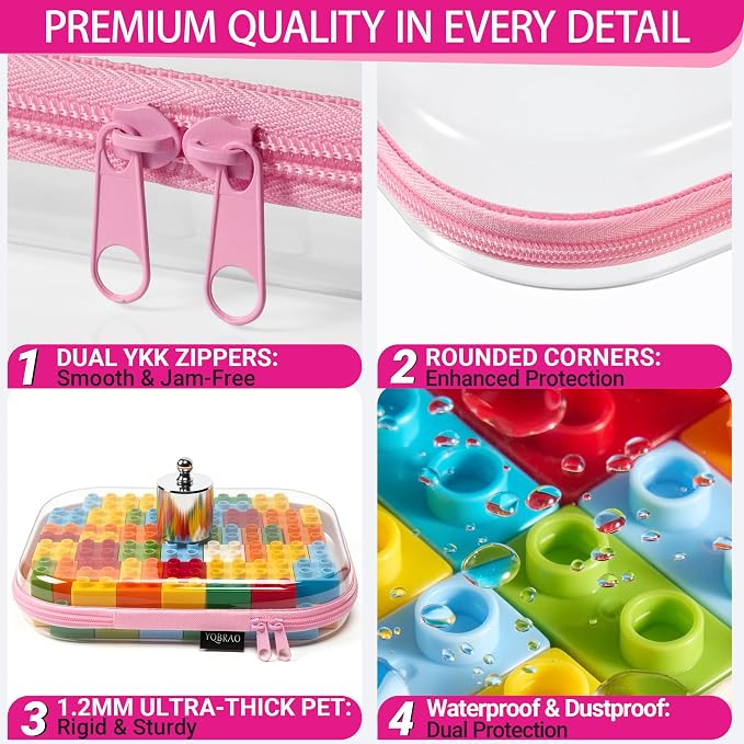 YQBRAO Clear Hard Shell Zipper Cases, 6 Multi-Size Organizers, Pink | Rigid clear shells in three practical sizes organize toiletries, cosmetics, cables, stationery and household essentials