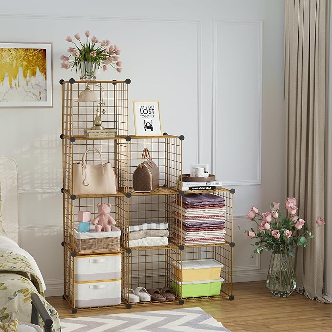 C&AHOME Wire Cube Storage, 9 - Cube Organizer Metal C Grids,Shelves, Brown | Modular Shelves Units, Closet Organizer, Storage Bins Shelving, Ideal for Home, Office, Living Room