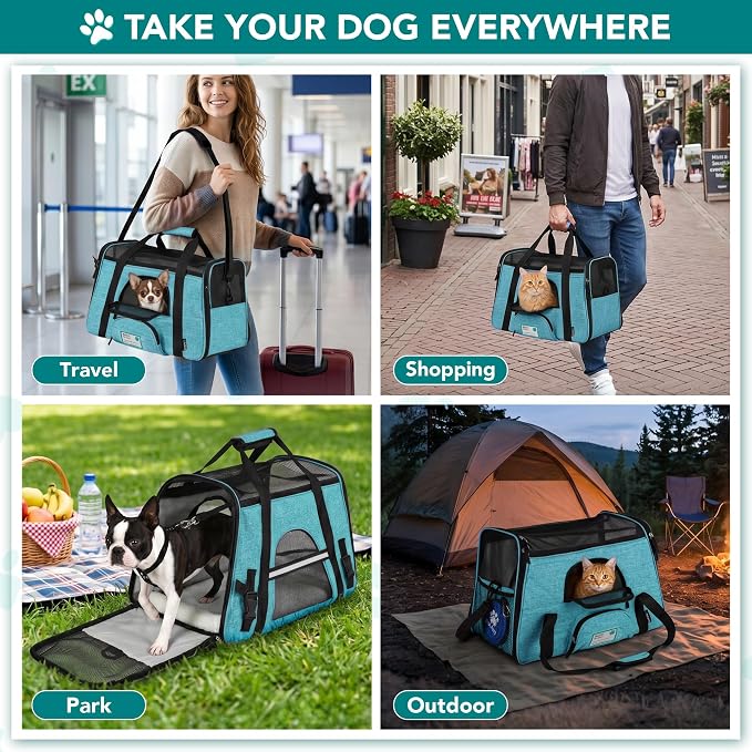 PetAmi Airline Approved Pet Carrier for Cats Small Dogs, Large Heather Blue | Soft Sided TSA Travel Bag, Sherpa Bed, Breathable Mesh Ventilation, Collapsible Bowl, Fits Under Seat, Up to 18 lbs