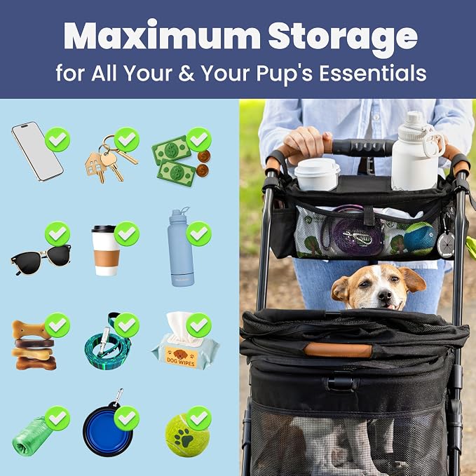 Dog Stroller Caddy Organizer with 2 Insulated Cup Holders & Treat Pocket | Poop Bag Dispenser, Treat Pocket, Collapsible Water Bowl, Zip-Off Wallet, Non-Slip Fit for 14-19" Handlebars, Paw Print