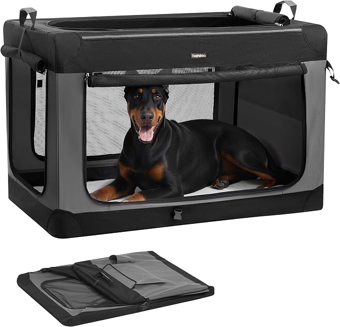 Feandrea Collapsible Dog Crate, Portable Oxford Fabric Pet Carrier, 48-Inch | For Extra Large Dogs, 4 Mesh Doors, Handles, Storage Pocket, Water Bottle Holder, Black and Gray BAX Collection UPDC022BH01