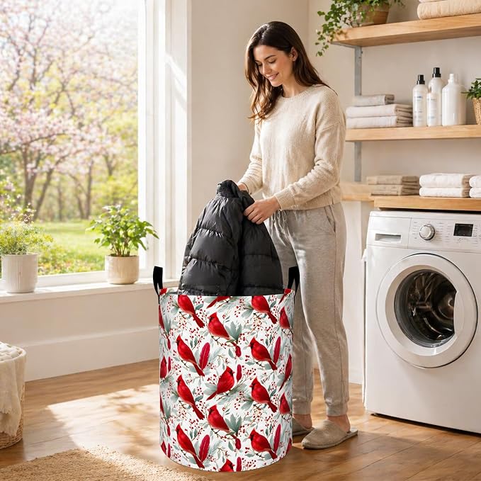 Elegant Cardinal Bird Laundry Basket, Red Berry Branch Oxford Cloth Dirty Clothes Collapsible Hamper for Room Decor, Winter Gifts, Toy Organizer 19.7 x 15.7 Inches for Bedroom Bathroom Dorm