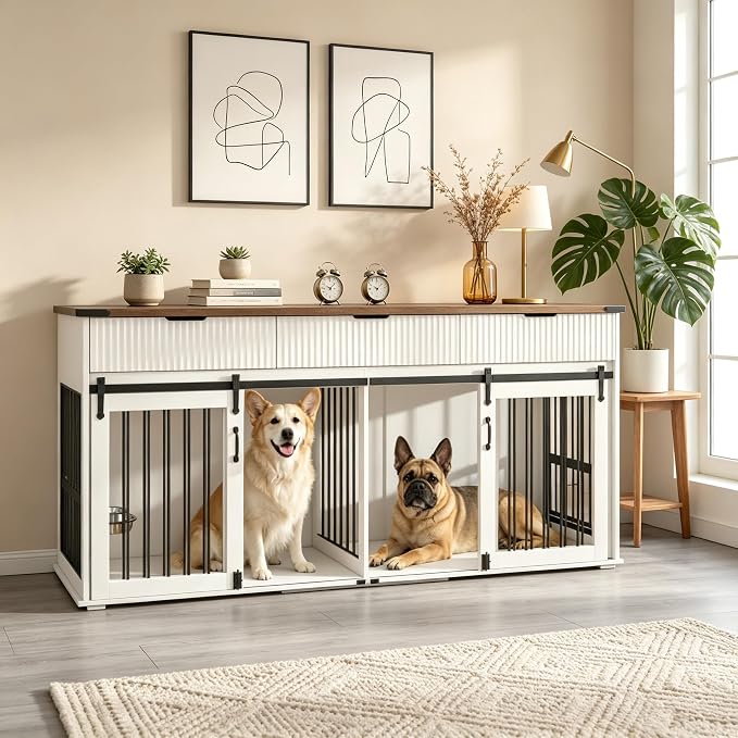 71" White+Walnut Double Dog Crate TV Stand with Charging & Feeder | 3 Fluted Drawers, Rotating Feeder Design, Heavy Duty Frame, for 2 Dogs, Indoor Pet Kennel