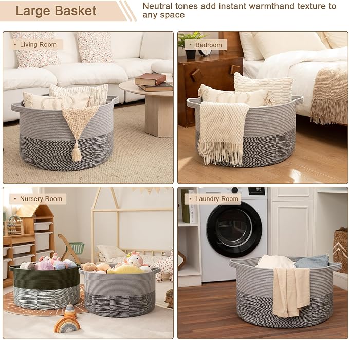 OIAHOMY 90L XXXLarge Blanket Basket for Living Room, 21.7" x 13.8" Woven Cotton Rope Laundry Basket for Organizing Pillows, Decorative Stuffed Animal Toy Storage for Nursery, Lighe Grey and Dark Grey