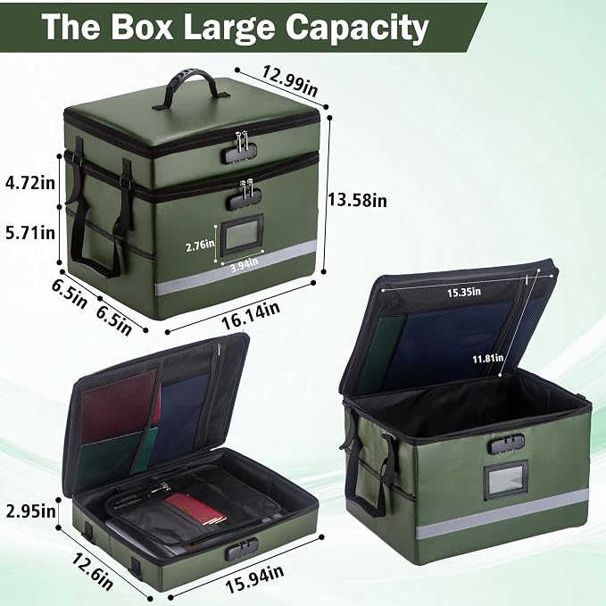 EXLIFBAG 2 Layer File Box with Lock, Portable Document Organizer Box with Handle, Fireproof File Box for Home Office, Legal File Organizer Storage