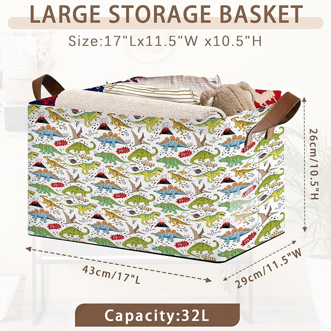 Dinosaur Pattern Collapsible Storage Box - 17x11.5x10.5 Inch Foldable Organizer for Nursery, Playroom Decor,Toy Storage - No Lid Single Pack Organizer Bin
