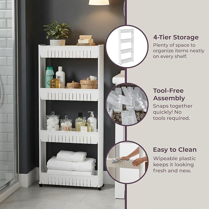 Lavish Home 4-Tier Storage Organizer Rack, White, 21.5” x 5” x 40” | Plastic Rolling Cart for Office, Dorm, Bedroom, Bathroom, and Laundry Room Organizing