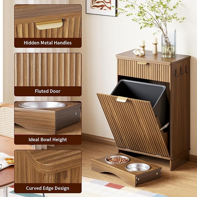 Dog Feeding Station with Storage Cabinet & 2 Elevated Bowls,Hooks,Walnut | Flip-top Sealed Food Bin.Pull-out Bowl Drawer with Wheels.Side Hooks for Leashes + Internal Shelf for Cans.For Dogs/Cats.