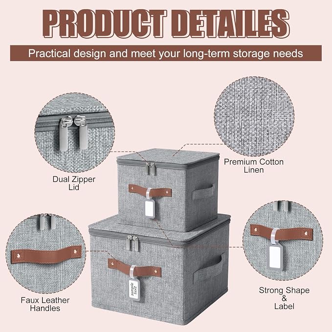 6 Pack 15 Inch Fabric Closet Storage Bins with Lids, 15x10x10In Large Foldable Cotton Linen Storage Cubes Boxes with PU Handle & Label Holder for Bedroom Organization, Shelf, Nursery, Gray