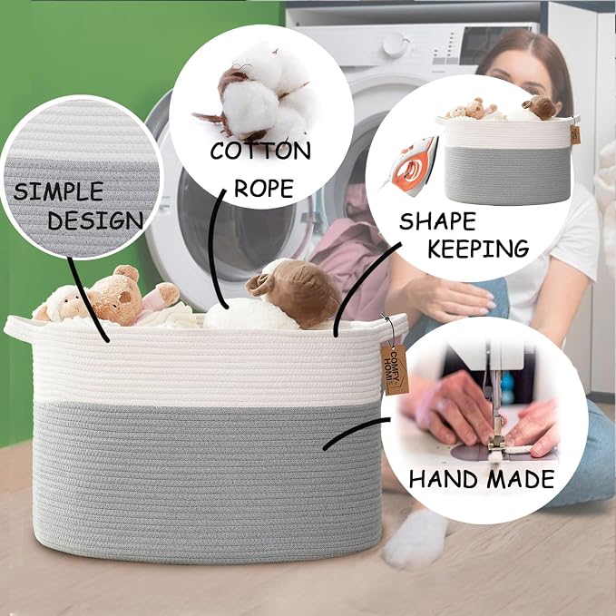 COMFY-HOMI XXXL Large Laundry Basket, Cotton Rope Nursery Woven Basket for Storage, Blanket Baskets Living Room Laundry Hamper, Dog Toy Storage Organizer, Home Decor-21''x21''x13.6''-White/Grey