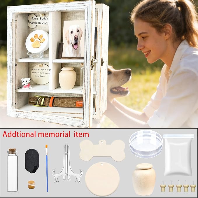 Solid Wood 11x14 Pet Memorial Shadow Box Frame with Adjustable Shelves Paw Print Kit Pet Urn Ashes Display Case White Dog Memorial Gifts for Loss of Dog