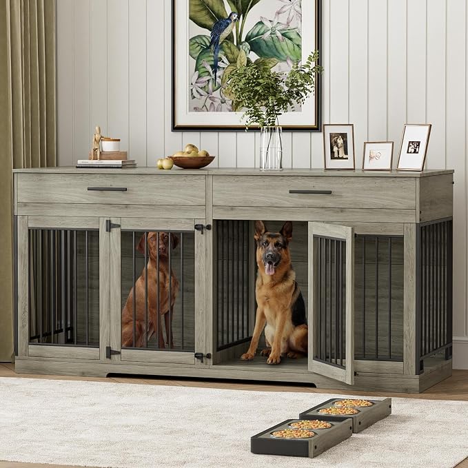 Rophefx 72" Double Dog Crate Furniture with Drawers and Divider, Grey | Wooden dog kennel for 2 medium dogs with 2 drawers, removable divider, 4 bowls and TV stand top
