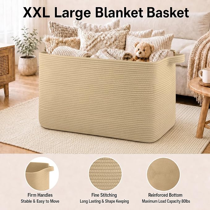 OIASKET 118L Extra Large Blanket Basket Living Room, 24.8"x17.7"x16.2" | Woven Rope Baskets for Storage, Nursery Blanket Storage for Living Room, Toy Basket with Handle Organizing Comforter Pillows