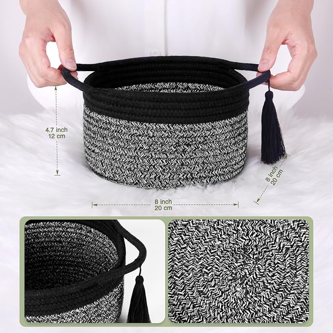 Small Gift Basket Empty to Fill, 2 Pack, Mini Woven Basket, Black Gray | Cute Decorative Mini Rope Storage Baskets with Cellophane Bags & Ribbons; Two Sizes for Gifting, Bathroom Counter or Desk