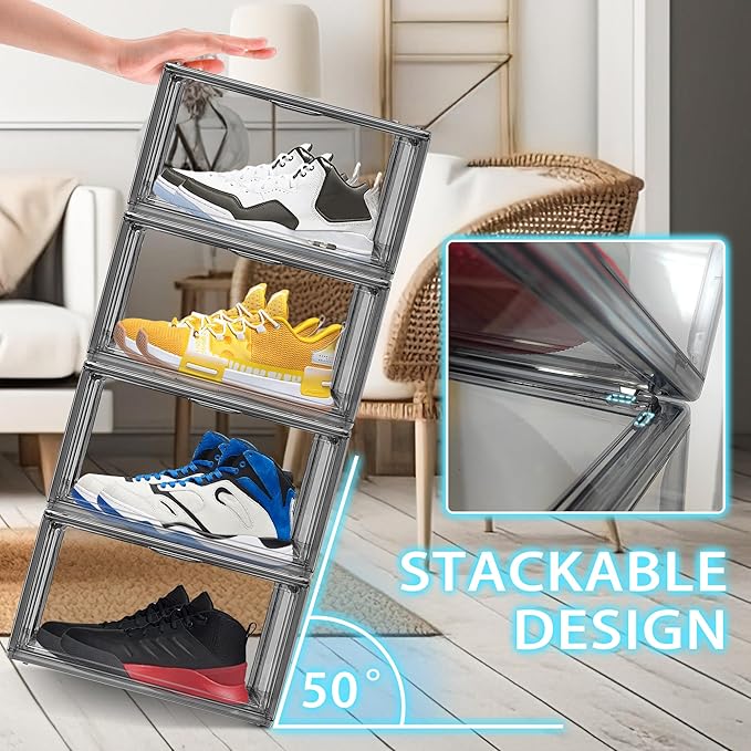 2 Pack Black Acrylic Shoe Boxes, Space-Saving Everyday Sneaker Storage | Size 12, SPACE-SAVING STACKABLE DESIGN – Build upward to organize shoes while using less closet, shelf or floor space.