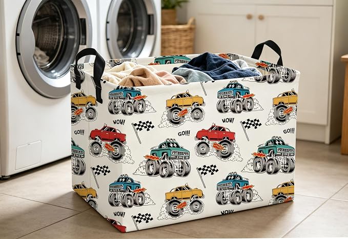 Essme Rectangular Monster Truck Baskets, Car Storage Bins with Handles for Car Decor, Racing Storage Bin（Monster truck）