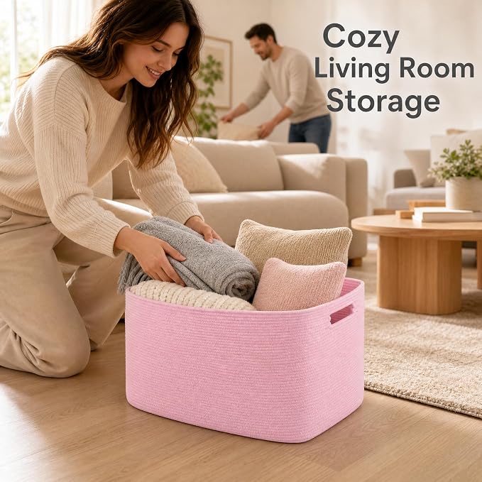 Cotton Rope Laundry Basket Large, 19.2GAL Collapsible Woven Storage Baskets for Living Room Kids Toys Stuffed Animal,Boho Rectangular Decorative Short Hamper for Dirty Clothes, Blankets Light Pink