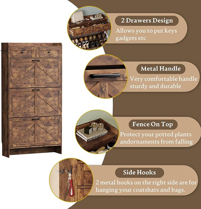 BORNOON Shoe Storage Cabinet for Entryway, Farmhouse Narrow Shoe Cabinet with 3 Flip Drawers & 2 Top Drawers, Adjustable Shelves & Hooks, Freestanding Hidden Rack Organizer for Hallway, Foyer