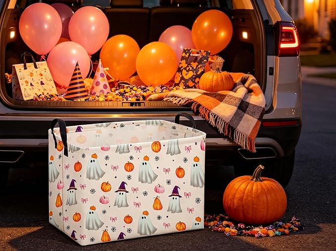 Sanjiaofeng Rectangular Pink Halloween Ghost Storage Basket,Trick or Treat Halloween Basket,Halloweens‌ Party Candy Gift Baskets(Pink Pumpkin)