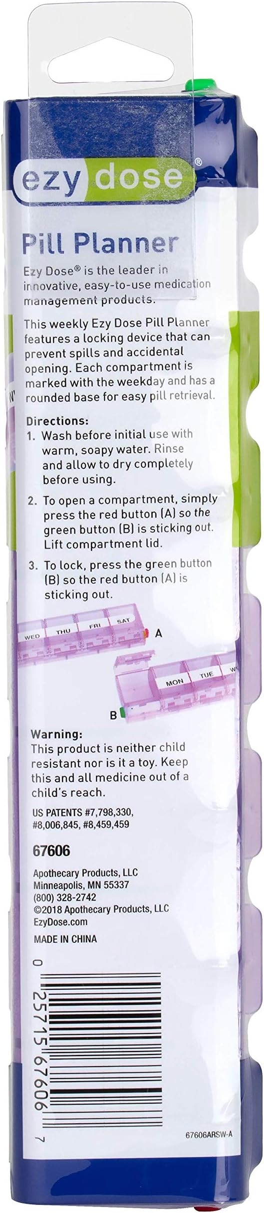 EZY DOSE Weekly (7-Day) Pill Case, Medicine Planner, Vitamin Organizer Box, X-Large Locking Compartments to Secure Prescription Medication and Prevent Accidental Spilling, Color May Vary