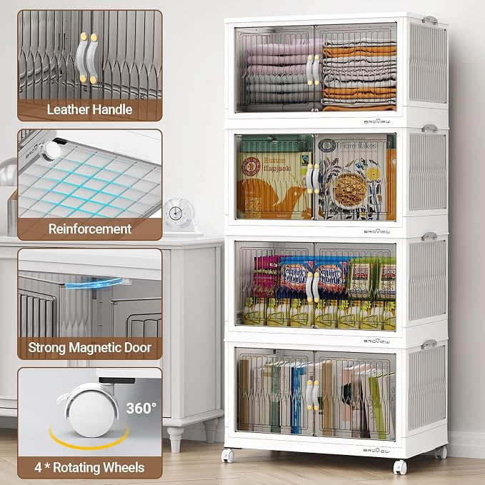 BROVIEW 360Qt Stackable Storage Bins with Lid for Home Dorm, 3Pack White | Closet Organizers, Foldable & Collapsible Cabinets, Large Containers, Wheels & Magnetic Doors, Plastic Drawers for School