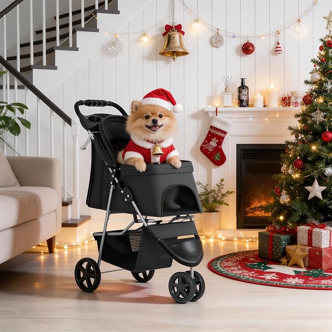 MoNiBloom Pet Stroller for Small/Medium Dogs and Cats up to 33 lbs, Black | Foldable Dog Stroller 3 Wheels Pet Strolling Cart w/ Storage Basket Cup Holder, Breathable and Visible Mesh for All-Season
