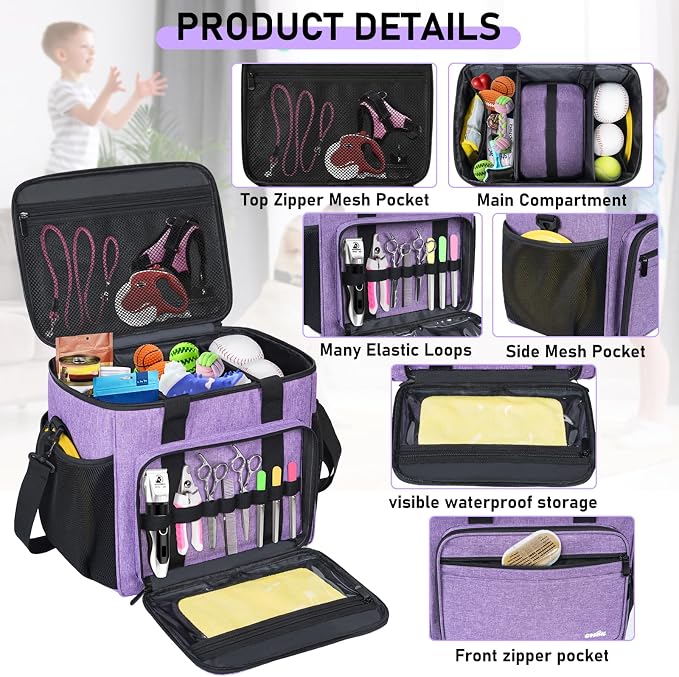 GMAK Pet Grooming Bag,Pet Hair Clipper Organizer Grooming Bag for Equipment | Dog Grooming Tote Bags Pets Tools Supplies Organizer for Dog Cat Equipment, Grooming Tools and Accessories, Purple