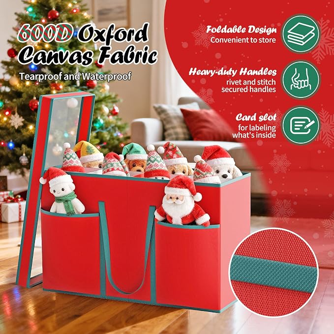 Christmas Figurine Storage Box & Nutcracker Storage Containers with Visible Lid for 15-inch Collectibles, Large Holiday Ornament Decor Organizer Keeps 8 Figurines, Xmas Decoration Storage Box, Red