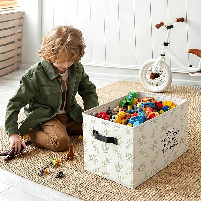 You Can Do Hard Things Inspirational Foldable Storage Bins Box with Handles, Green Leaves Decorative Storage Boxes Baskets Organizer for Home Office, Motivational Gifts for Women Men
