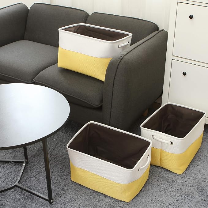 Sea Team Large Rectangle Canvas Open-Top Storage Baskets, 3-Pack | Collapsible Fabric Storage Bins with Handles, Closet Shelf Organizers, 15 x 10 x 10 Inches, Yellow & White