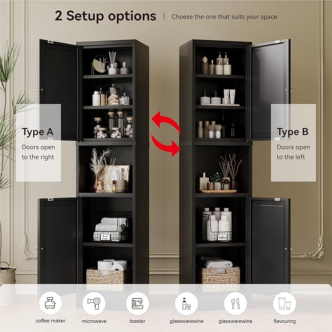 YAUWOH 2-Door Metal Storage Cabinet, Tall Slim Pantry Organizer with 3 Adjustable Shelves (120LBS/Shelf), Anti-Tipping Waterproof Cabinet for Bathroom/Kitchen/Home Office/Small Spaces, (1PC,Black)