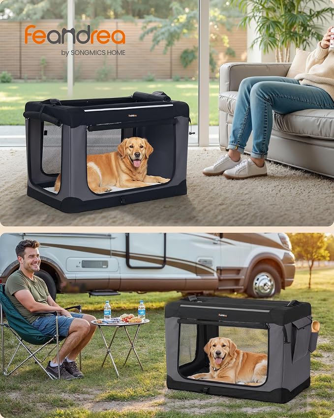 Feandrea Collapsible Dog Crate, Portable Travel Crate, 36-Inch | Oxford Fabric Pet Carrier with 4 Mesh Doors, Handles, Storage Pocket, Water Bottle Holder, UPDC019B01