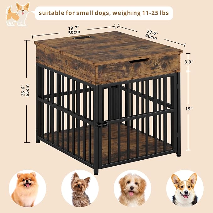 IRONCK Dog Crate Furniture for Small Dogs, Rustic Brown | Wooden Dog Kennel with Flip Top Drawer, Indoor Pet Crate End Table with Charging Station, Steel-Tube Dog Cage