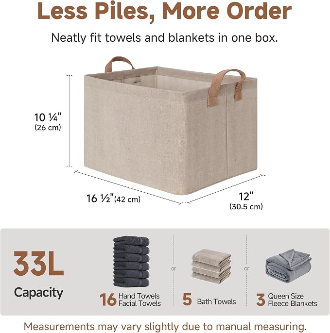 StorageWorks Large Fabric Storage Bins, Brown and Beige, 2-Pack | With Reinforced PU Handles, Metal Frame, Collapsible, Storage Basket for Shelves, Closet, Holds Clothes, Towels, Blankets