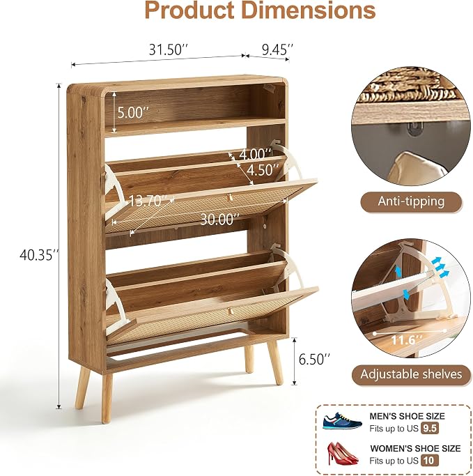 Rattan Shoe Cabinet with 2 Flip Drawers, 16 Pairs Narrow Shoe Storage Cabinet for Entryway Freestanding Hidden Shoe Rack, Modern Slim Wood Shoe Organizer for Hallway, Natural