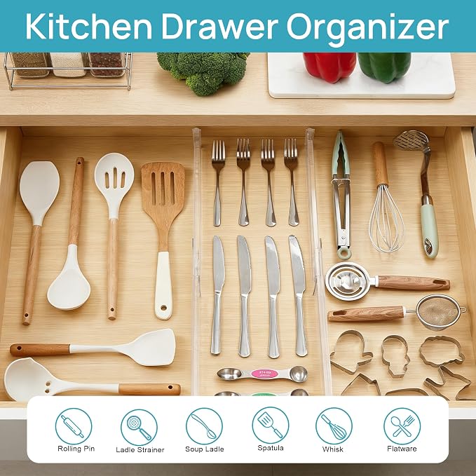 Vtopmart 8 Pack Shallow Drawer Dividers, 2.36" High 12.5"-20.8" Adjustable Expandable Kitchen Drawer Organizer, Clear Plastic Organizer Separators for Flatware, Utensil, Cutlery, Underwear, Clothes | Expandable Kitchen Drawer Organizer, Clear Plastic O...