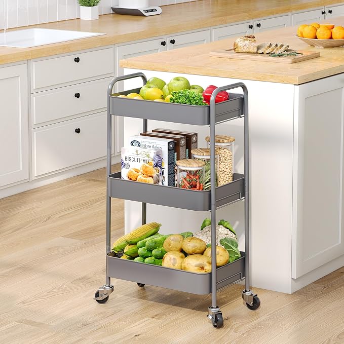 TOOLF 3 Tier Metal Rolling Cart, Utility Storage Cart with Wheels, Grey | Screwless Assembly, Lockable Metal Wheels, Trolley Organizer for Bathroom, Kitchen, Office, Dorm, Laundry, Craft Room
