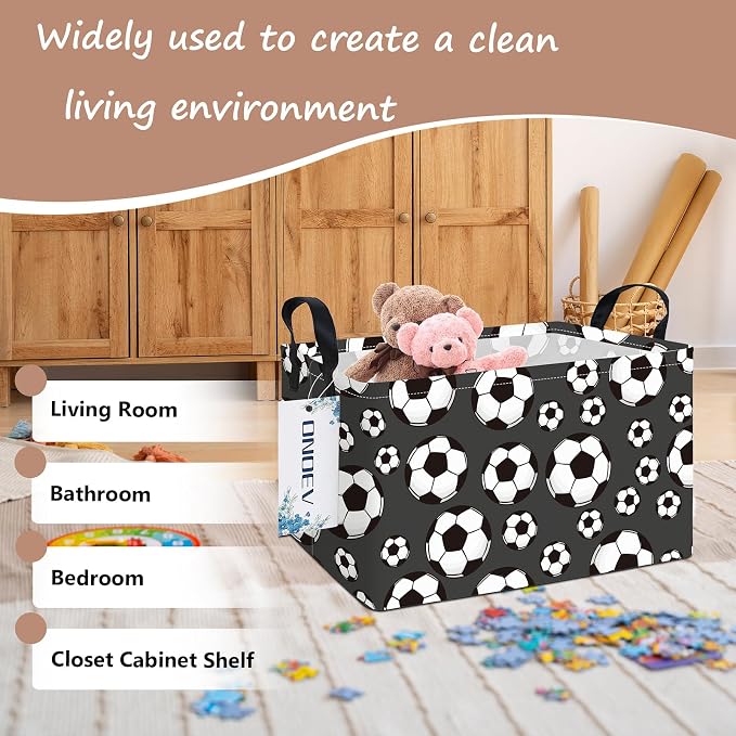 Rectangular Soccer Ball Storage Bin,Closet Organizer Basket | Waterproof fabric, reinforced handles, foldable bin holds apparel, sports gear and belongings for teen‑boy bedrooms
