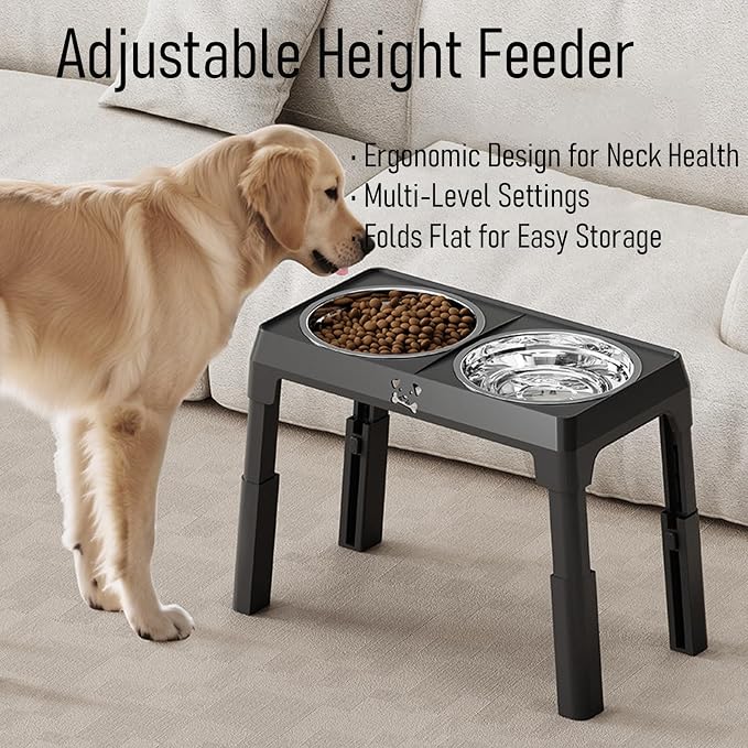 Elevated Dog Bowls Large Breed Raised Dogs Bowl Stand Large/Medium Sized Dog Stainless Steel Food Water Bowl Stands 5 Heights Adjustable 9/11/12/14in Black Pet Feeder Dish Station