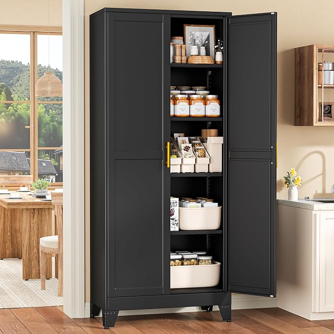 Black Pantry Storage Cabinet, 71" Metal Kitchen Pantry Storage | Steel Storage Cabinets with Doors and 4 Adjustable Shelves, Metal Storage Cabinet, for Office, Home, Garage, School