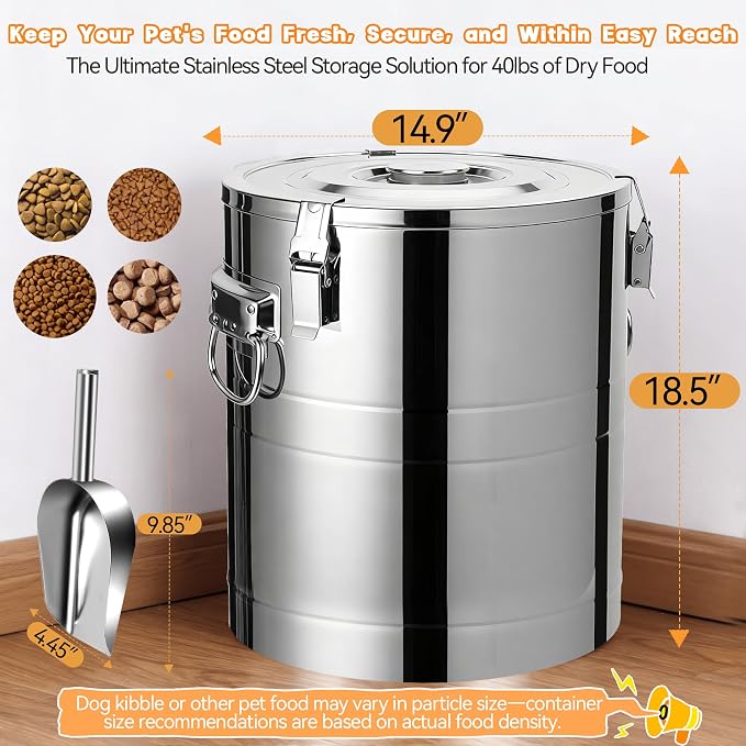 40lb Dog Food Storage Container, Airtight Stainless Steel | Extra Large Capacity, Rust-Proof, Moisture-Proof, Deters Pets from Opening & Stealing Food, Easy to Clean, Keeps Food Crispy