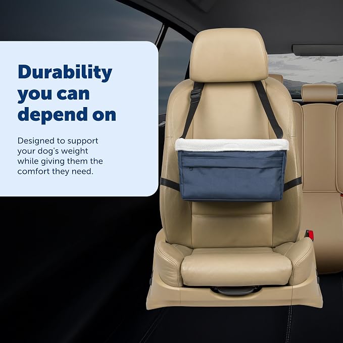PetSafe Happy Ride Dog Booster Seat, Navy Blue, Up to 12 lb | Raises Small Dogs to Window Height In Most Cars, Connects to Seatbelt with Safety Tether, Fleece Liner Is Machine Washable