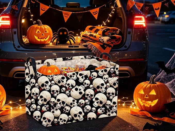 Sanjiaofeng Rectangular Gothic Skull Halloween Storage Basket,Empty Halloween Basket.Cute Baskets for Room Decor, Pumpkin Baskets with Handles.Books Bins,Gifts Box(Skull)
