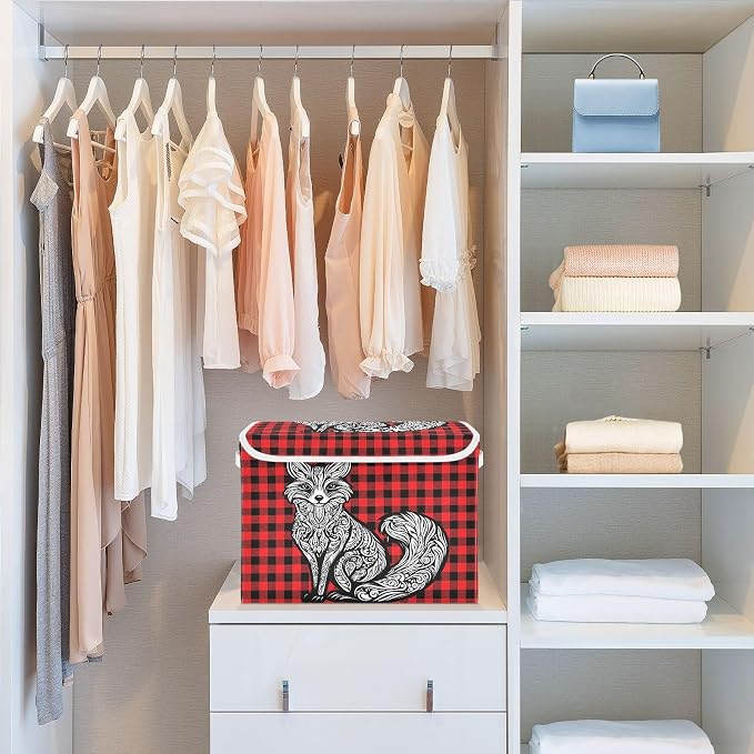 Fabric Storage Bins with Lid Mandala Fox Foldable Storage Boxes 40L Baskets | Foldable & Stackable, Flip Top Dust Guard, Reinforced Handles, Home & Bedroom, Clothes & Toys, Mandala Fox Basket
