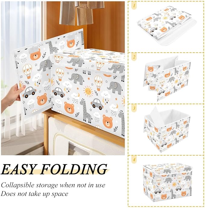 Storage Bins with Lid Giraffe Bear Foldable Storage Boxes 40L Baskets | Decorative Storage Boxes, 300D Oxford Cloth, Hollow Board Frame, Flip Top Velcro Lid, 16.5x12.6x11.8 inch, Collapsible Design