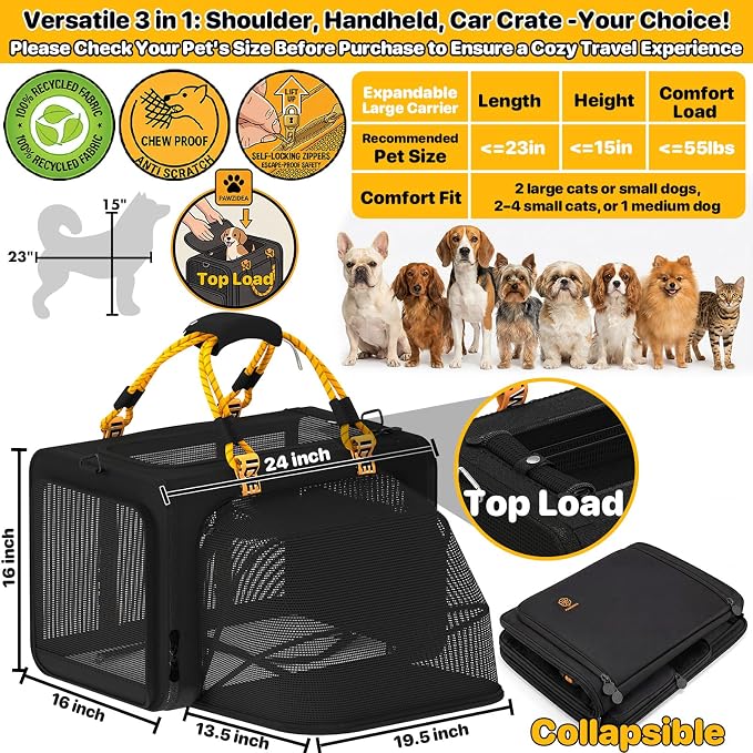 PAWZIDEA Expandable Large Pet Carrier, Soft-Sided 2–4 Cats Carrier Up 55lbs | 24"×16"×16" Collapsible Small to Medium Dog Carrier Travle Bag, Portable Dog Crate for Car Travel, Breathable, Storage Pocket
