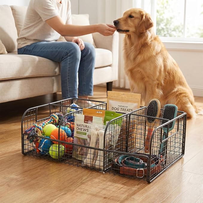 dog toy bin chew proof Large Metal Mesh DOG TOY basket with Compartments and Handle dogs toys bin dog food storage container box Countertop Pet Storage Organizer