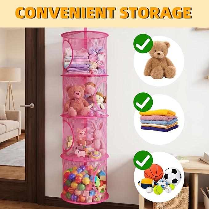 Hanging Stuffed Animal Storage Hammock Net 4 Tiers, Hot Pink | Hanging Mesh Storage Organizer for Kids Room, Holds Plushies, Gloves, Hats, Socks, Foldable Space-saving Design